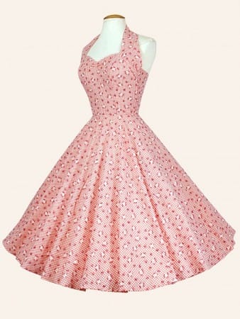 Channel your ineer Brigitte with Coral Rose Gingham Haltreneck Circle Dress