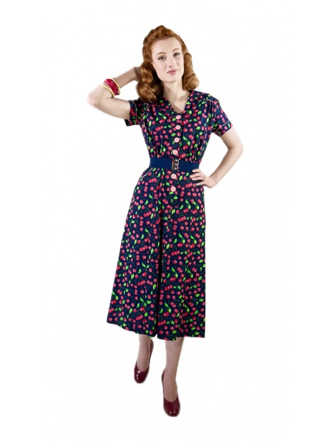 1940s Style Tea Dress Cherry Navy