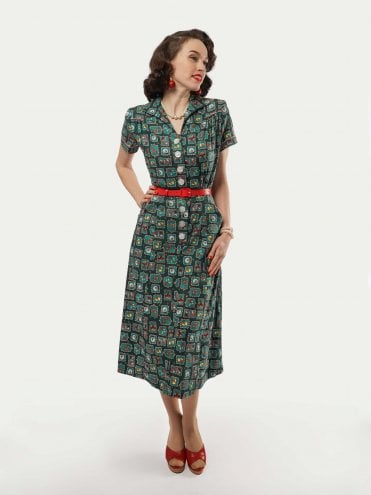 1940s Style Tea Dress Christmas Green