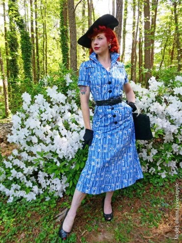 1940s Style Tea Dress Domino Blue