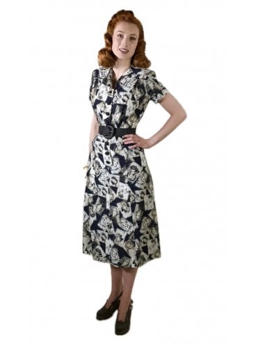 1940s Style Tea Dress Silverscreen Charcoal