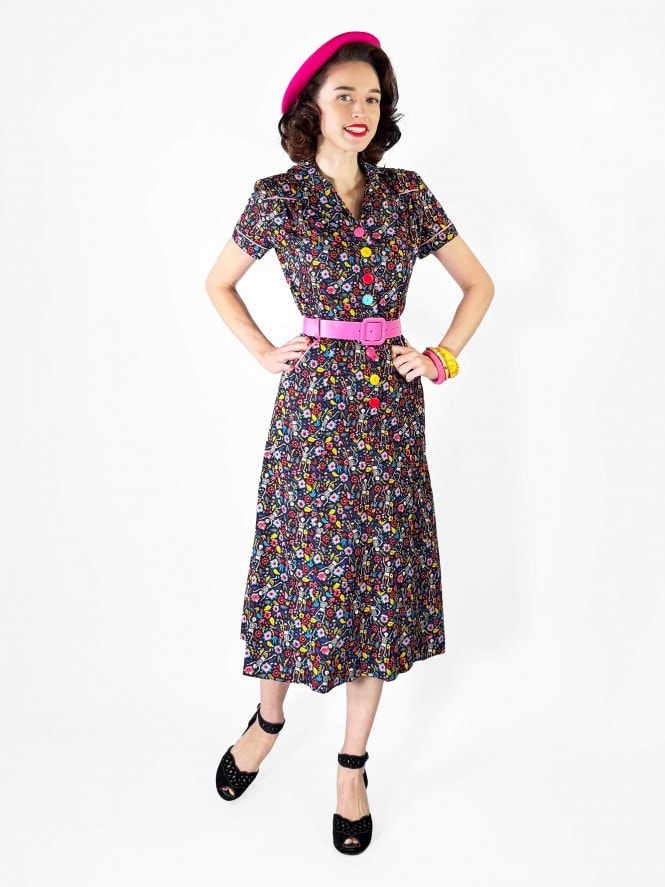 1940s Style Tea Dress Skeletons Black