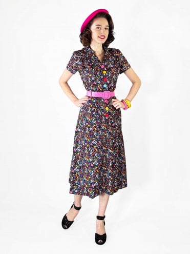 1940s Style Tea Dress Skeletons Black