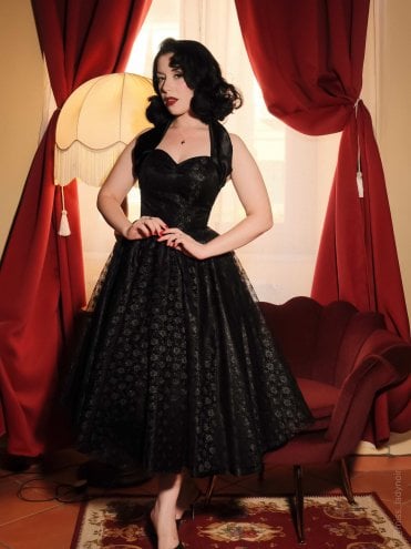 1950s Halterneck Black Satin Floral Lace Dress