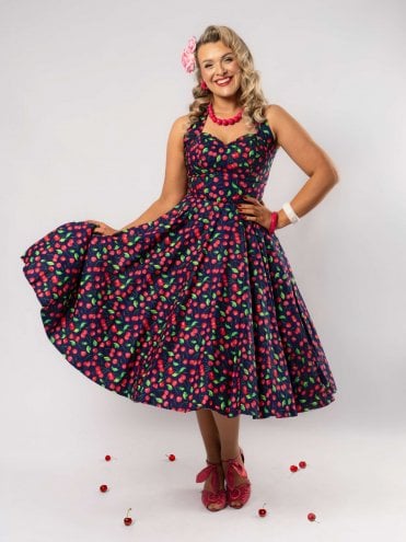 1950s Halterneck Circle Dress Cherry Navy