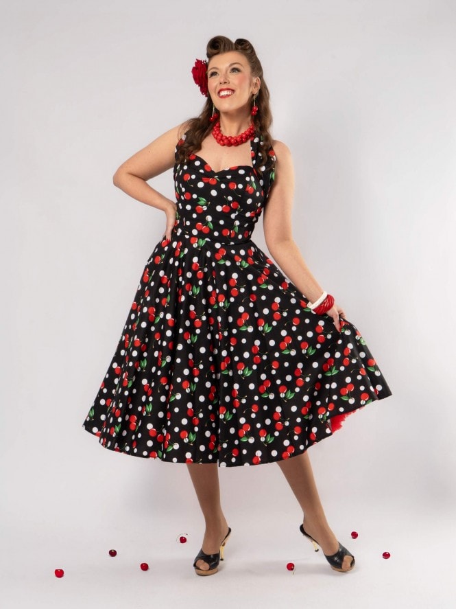 1950s Halterneck Circle Dress Cherry Polka Black