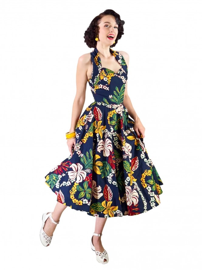 1950s Halterneck Circle Dress Garland Navy