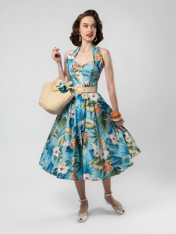 1950s Halterneck Circle Dress Hibiscus Sky