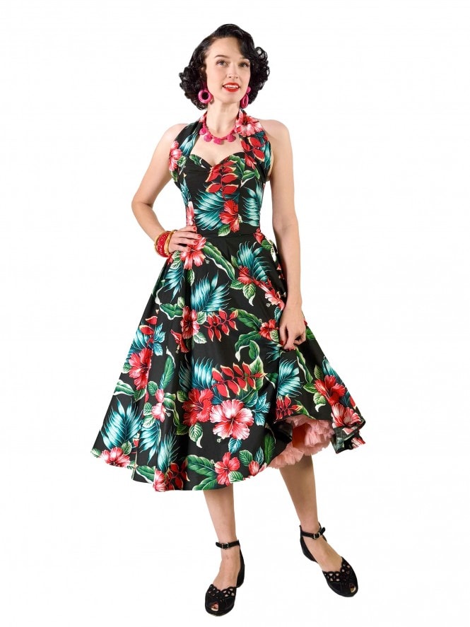 1950s Halterneck Circle Dress New Hibiscus Black