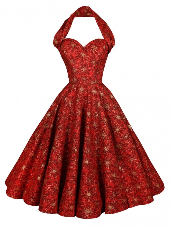1950s Halterneck Circle Dress Poinsettia Red Gold