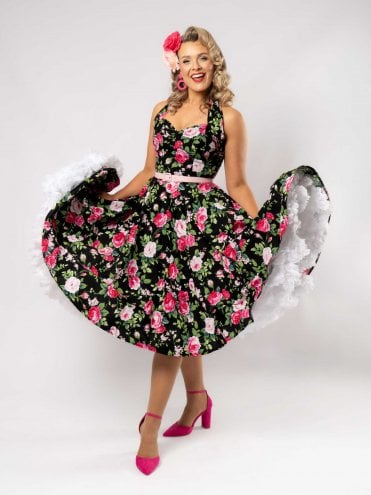 1950s Halterneck Circle Dress Rose Black Pink
