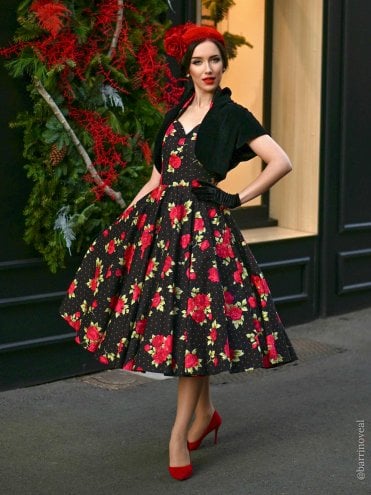 1950s Halterneck Circle Dress Rose Dot Black Red