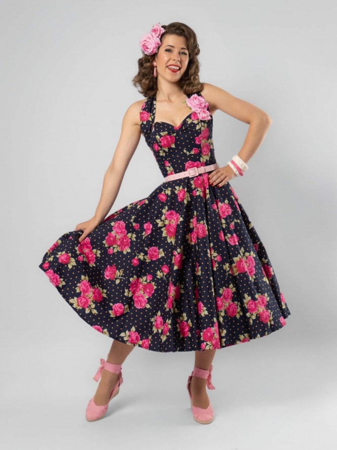 1950s Halterneck Circle Dress Rose Dot Navy Pink