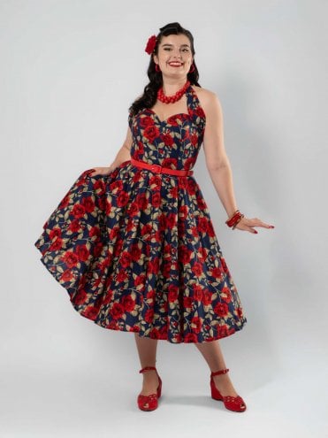1950s Halterneck Circle Dress Rose Navy Red