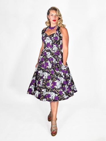 1950s Halterneck Circle Dress Skull Roses Purple