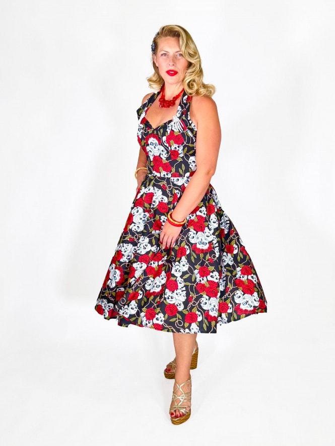 1950s Halterneck Circle Dress Skull Roses Red