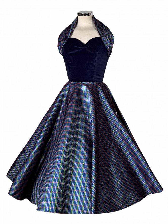 1950s Halterneck Circle Dress Taffeta Sparkle Blue