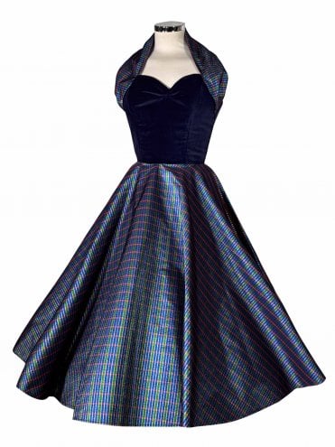 1950s Halterneck Circle Dress Taffeta Sparkle Blue