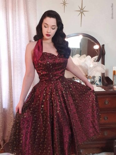 1950s Halterneck Dress Burgundy Satin Gold Floral Lace