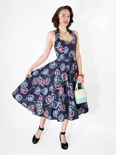 1950s Halterneck Dress Floral Spray Blue