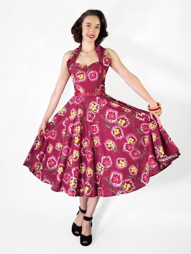 1950s Halterneck Dress Floral Spray Cherry