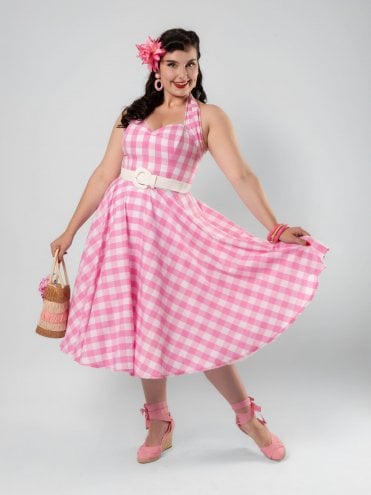1950s Halterneck Dress Large Gingham Pink