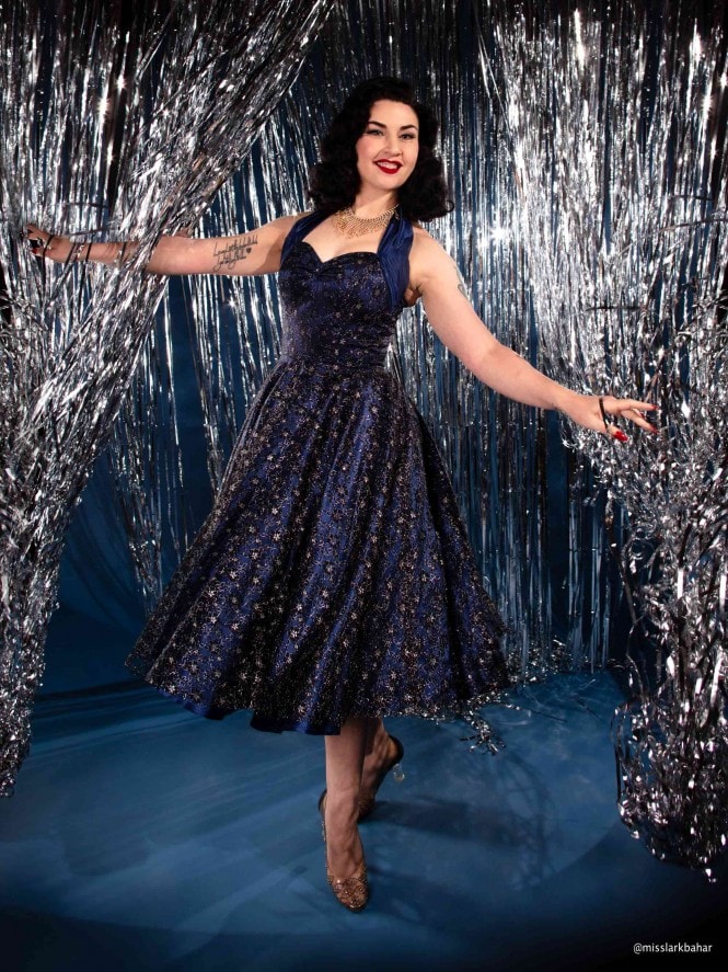 1950s Halterneck Dress Navy Satin Silver Floral Lace