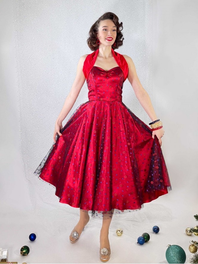 1950s Halterneck Dress Red Purple Spots