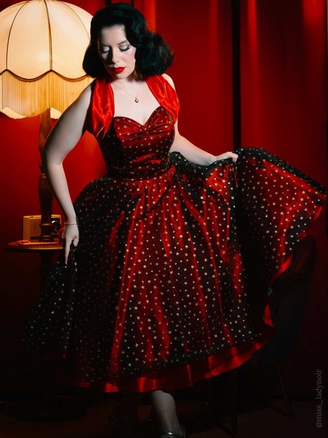 1950s Halterneck Dress Red Satin Gold Star Lace