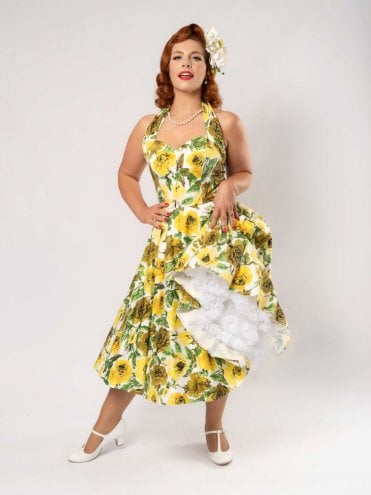 1950s Halterneck Dress Roses in Bloom Yellow Sateen