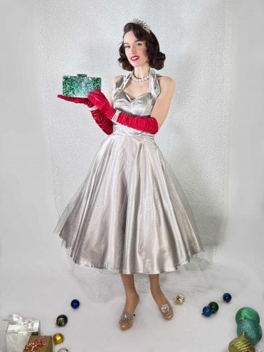 1950s Halterneck Dress Silver Satin Moonlight