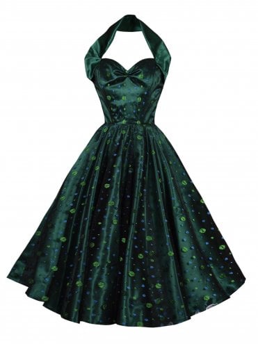1950s Halterneck Green Blue Spot Lace Dress