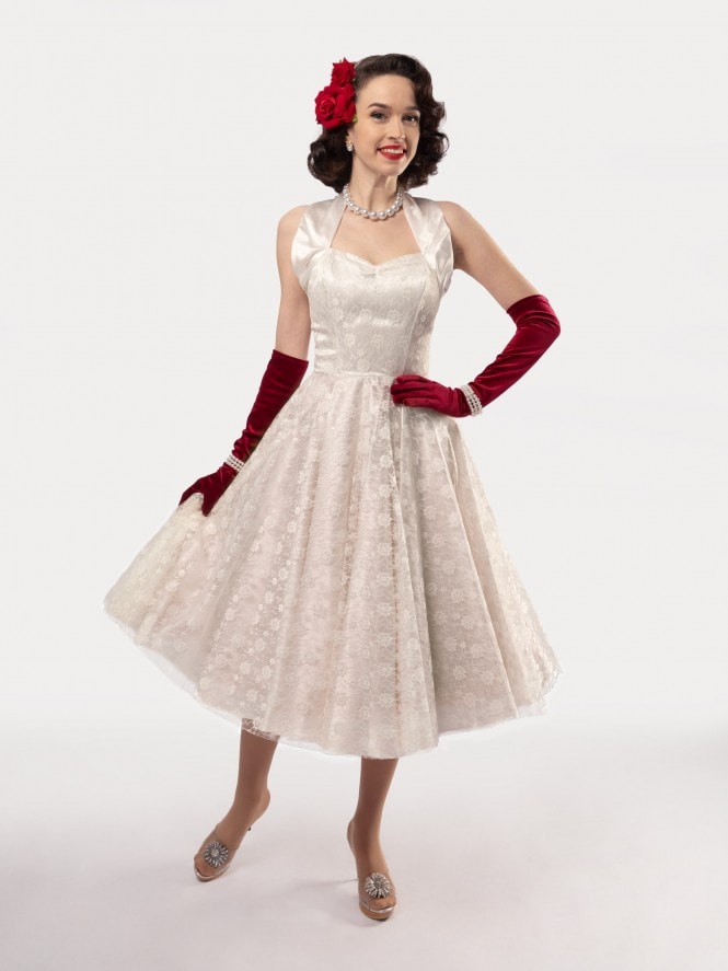 1950s Halterneck Ivory Satin Floral Lace Dress
