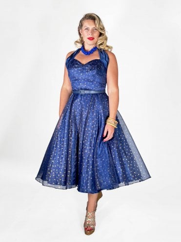 1950s Halterneck Luxury Navy Satin Small Gold Stars Dress