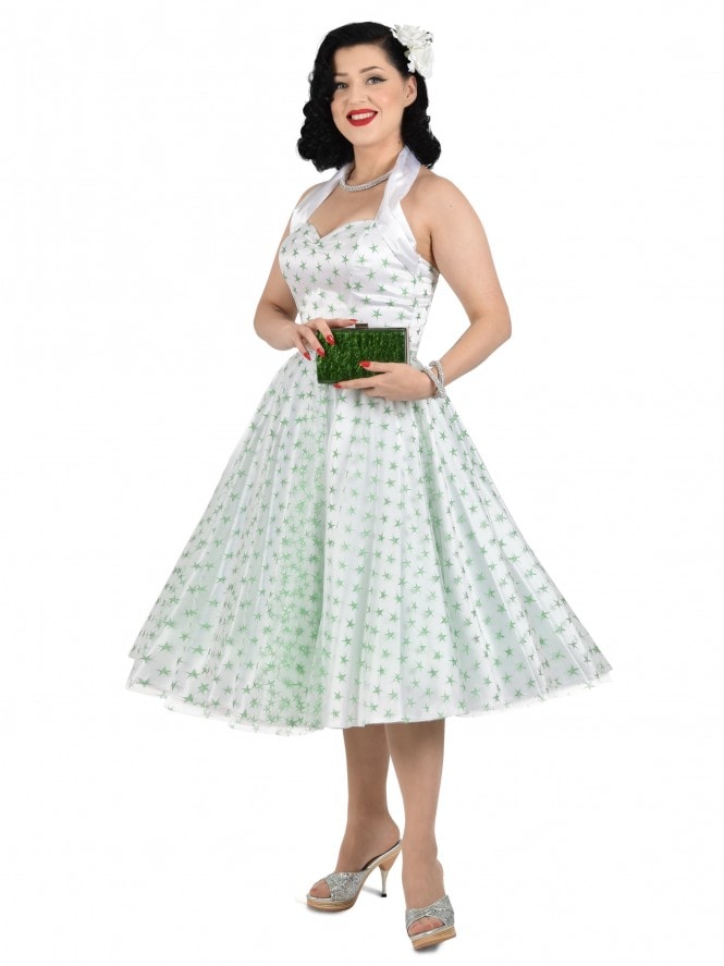 1950s Halterneck Luxury White Satin Green Stars Dress