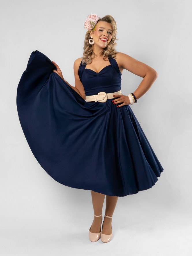 1950s Halterneck Navy Sateen Dress