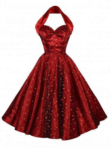 1950s Halterneck Red Gold Spot Lace Dress