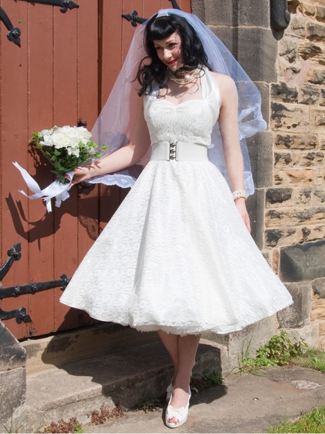 1950s Halterneck White Satin Floral Lace Dress