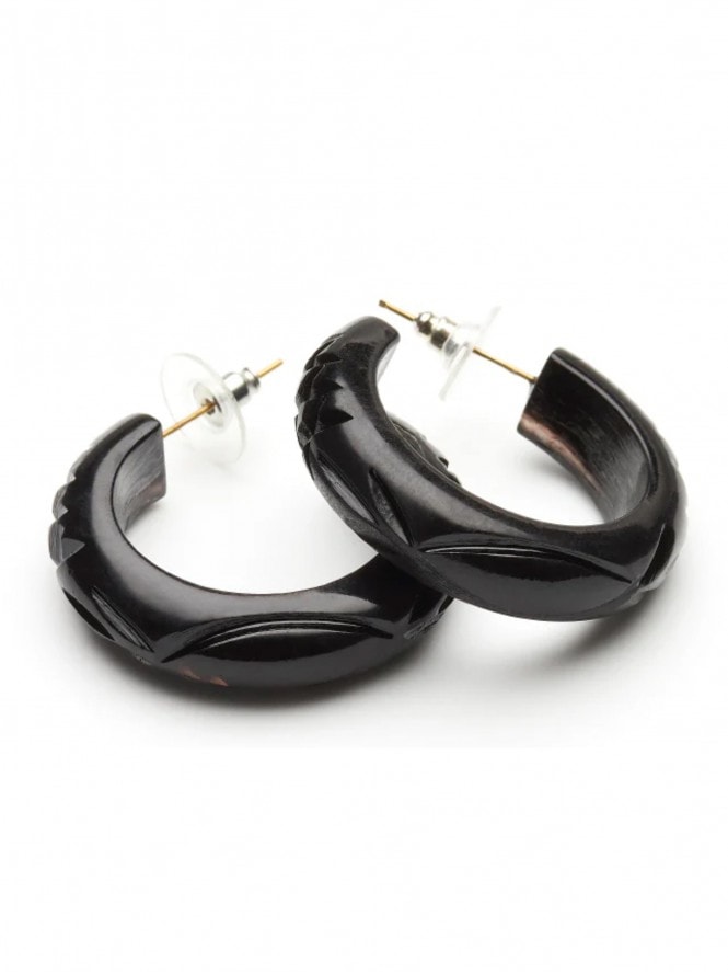 Black Heavy Carve Fakelite Hoop Earrings
