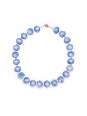 blue topaz 1950s necklace with classic elegant faux pearl formal style bridesmaids evening cocktail party