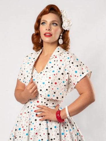 Multi coloured Spot Dots Ivory Vintage women's bolero jacket, cropped above-the-waist style by Vivien of Holloway