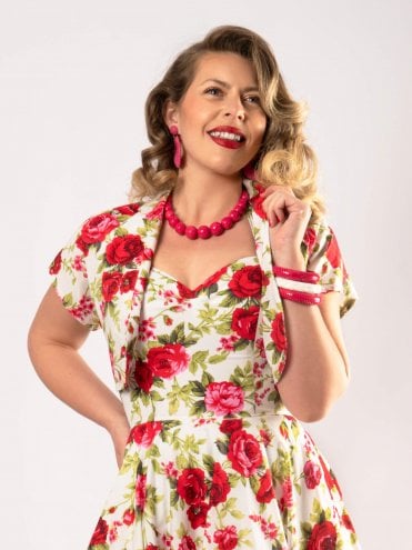 Rose White Pink Floral Print Vintage women's bolero jacket, cropped above-the-waist style by Vivien of Holloway