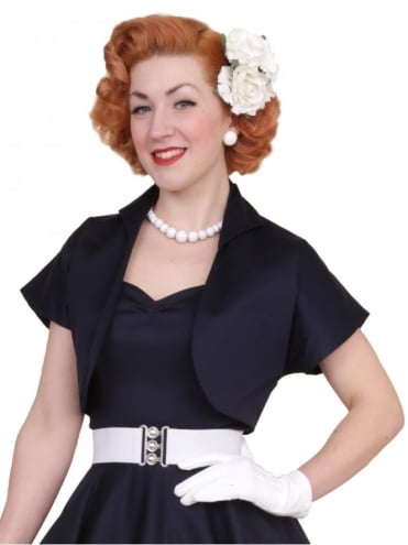 Sateen Navy Vintage women's bolero jacket, cropped above-the-waist style by Vivien of Holloway