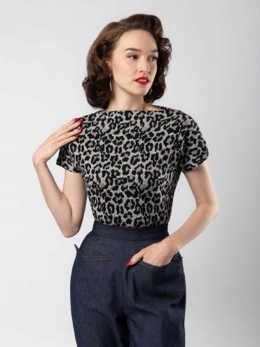 Cap Sleeve Slash Neck Top Soft as Cashmere Leopard Grey