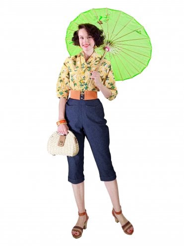 50s-1950s-Vivien-of-Holloway-Best-Vintage-Reproduction-Repro-Capri-Pants-Blue-Denim-Gold-Stitch-Swing-Pinup-Rockabilly-Western