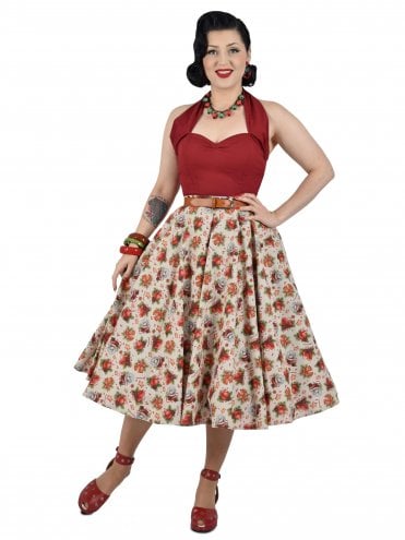 50s-1950s-Vivien-of-Holloway-Best-Vintage-Reproduction-Rockabilly-Swing-Pinup-Cotton-Full-Circle-Skirt-Christmas-Bells-Print-Beige-Red