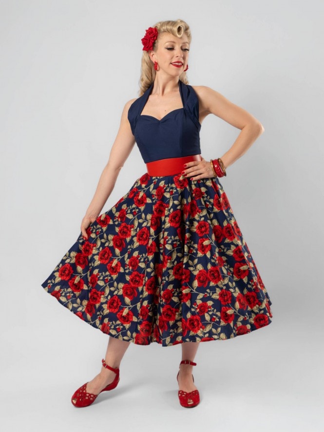 Circle Skirt Rose Navy Red