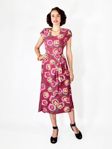 Gloria 1940s Dress Floral Spray Cherry