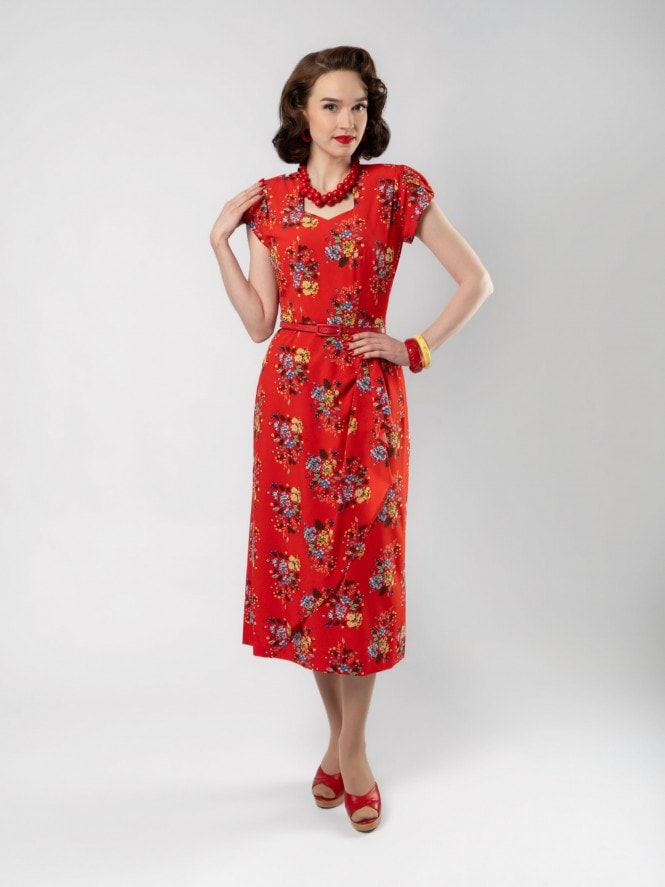 Gloria 1940s Dress Red Posy Flowers