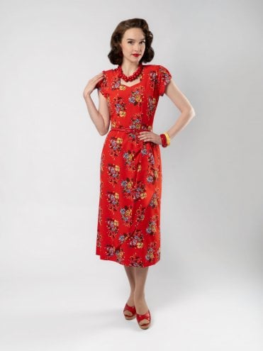 Gloria 1940s Dress Red Posy Flowers